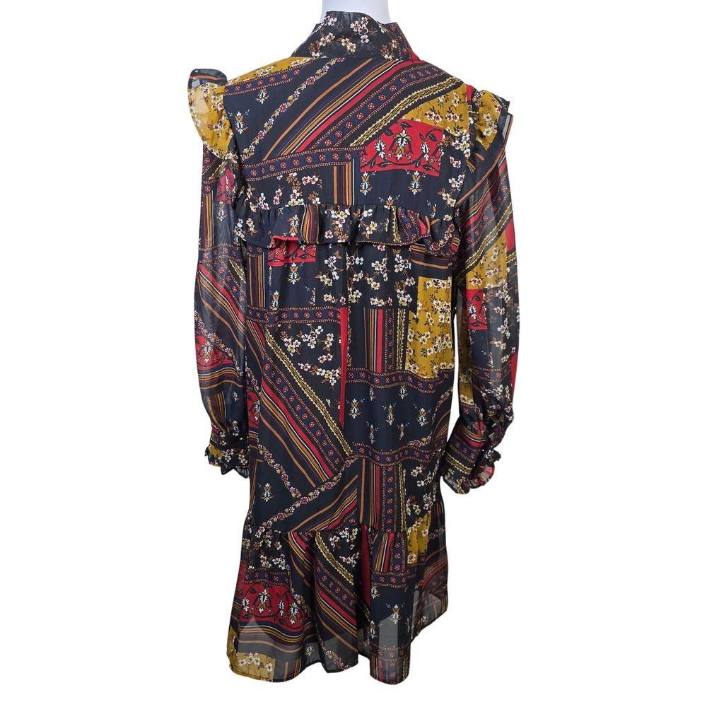 Julia Jordan Womens Size 8 Mixed Floral Patchwork Tie Neck Ruffle Mini Dress - Picture 2 of 7